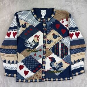 Vintage Rooster Patchwork Cardigan Sweater Womens Large Cottagecore Farm Knit